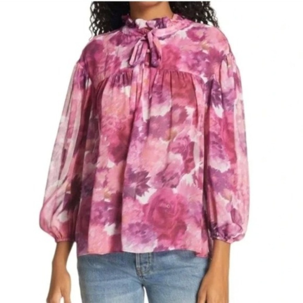 LoveShackFancy Gamela Blouse XS‎ Purple Pink Floral Silk Long Sleeve Ruffle Neck